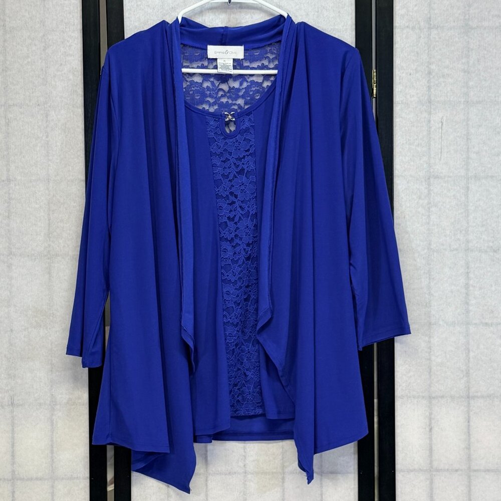 Emma & Olive Blue Faux 2 Piece Cardigan & Shirt XL Lace Back Asymmetrical Hem